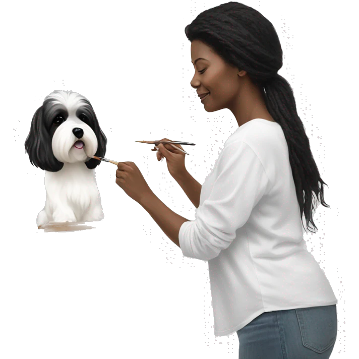 female artist painting a painting black+white havanese on easel emoji