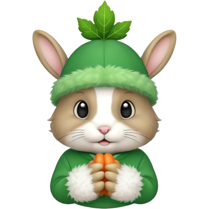 A rabbit that has a leaf hat and a green jersey emoji
