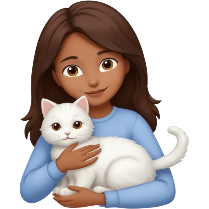 A brown skinned brunette girl hugging a white cat emoji