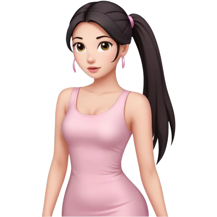 Beautiful woman with long dark ponytails wearing light pink bodycon dress emoji