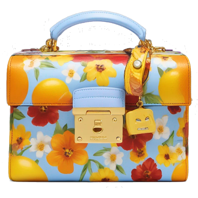 Dolce and Gabbana small box bag with colourful light blue lavender white yellow orange summer print dark red black and golden detais 2023 emoji