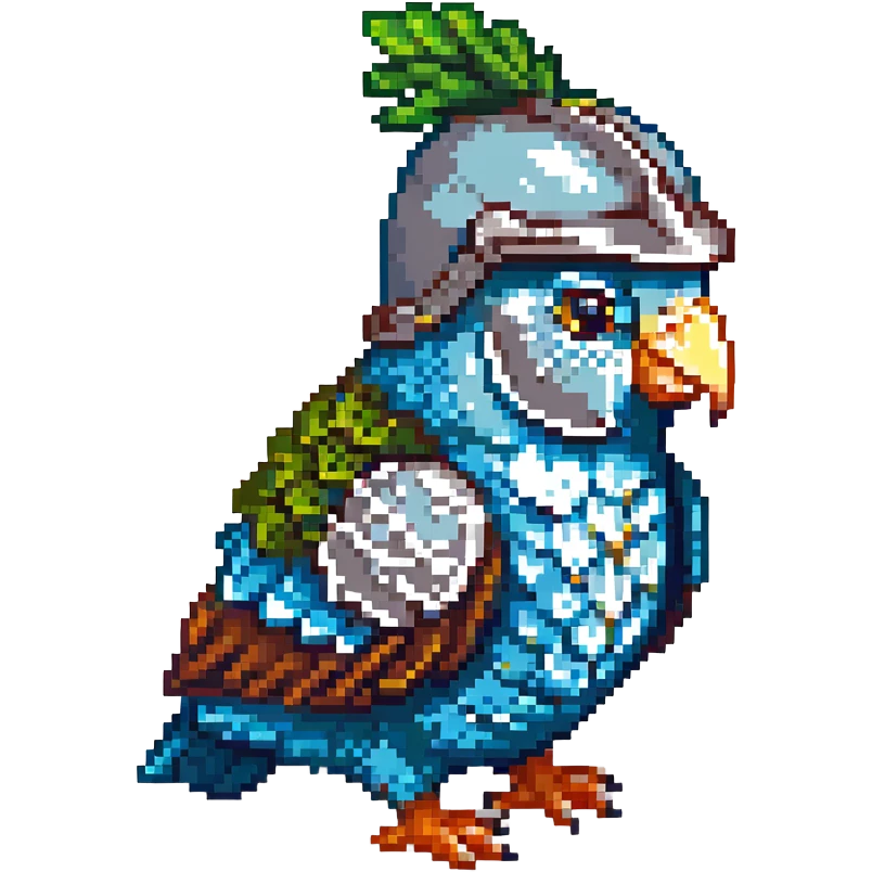 pixel art multicolored parakeet with a medieval helmet emoji