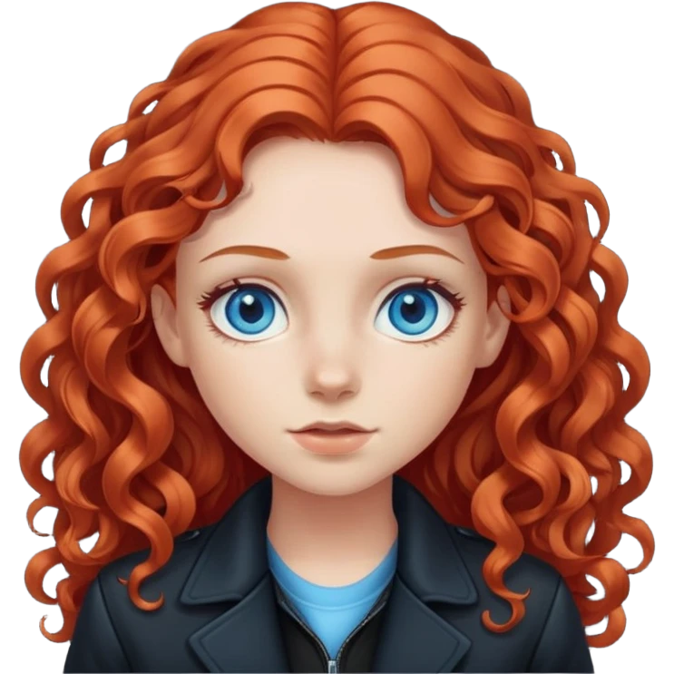 a girl with long curly red hair and blue eyes, in a black jacket emoji