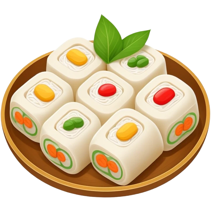 Hangzhou Pian Er Chuan steamed rice cake rolls with fillings, simplified emoji style with bold outlines and bright colors, cartoon style local specialty snack emoji
