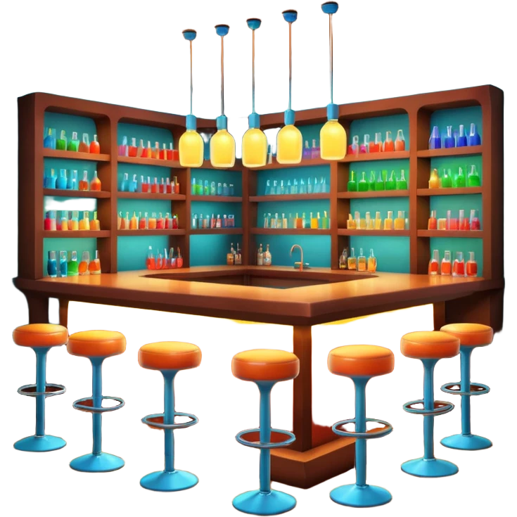 A 3D cartoon bar interior with a counter, glowing shelves of colorful bottles, tall stools, and hanging lights, warm ambient lighting, realistic reflections, Memoji-style. emoji