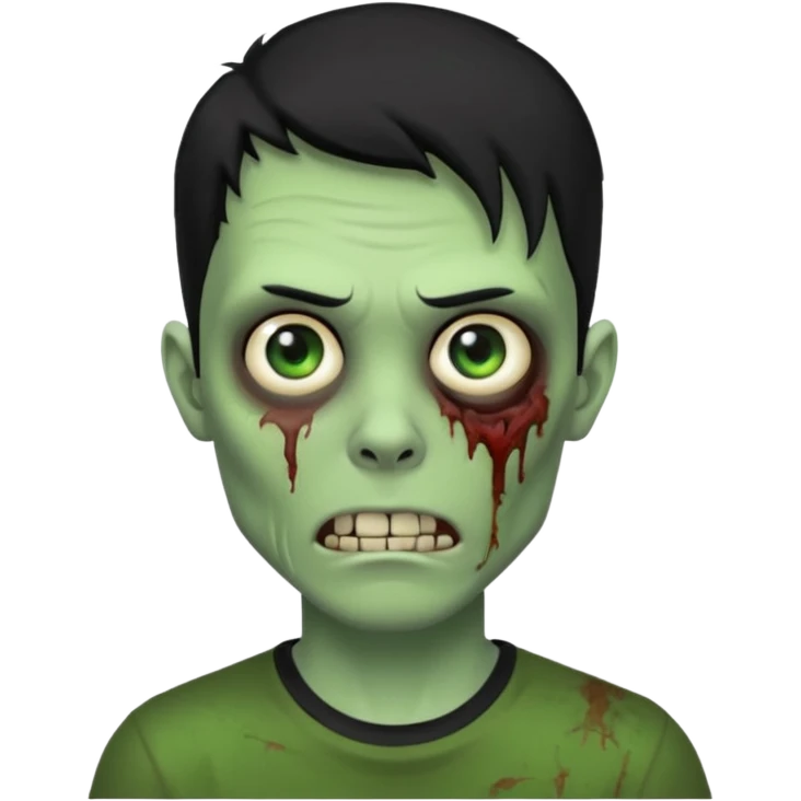 Zombie Emoji AppleIOS Style, lowfade Black Hair, and Black T-shirt, Green Skin, normal expression emoji