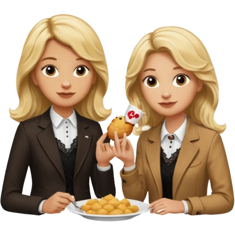 Love tan woman long wavy blonde hair and black lace  with blonde man Brown shade jacket eating chick filet  emoji