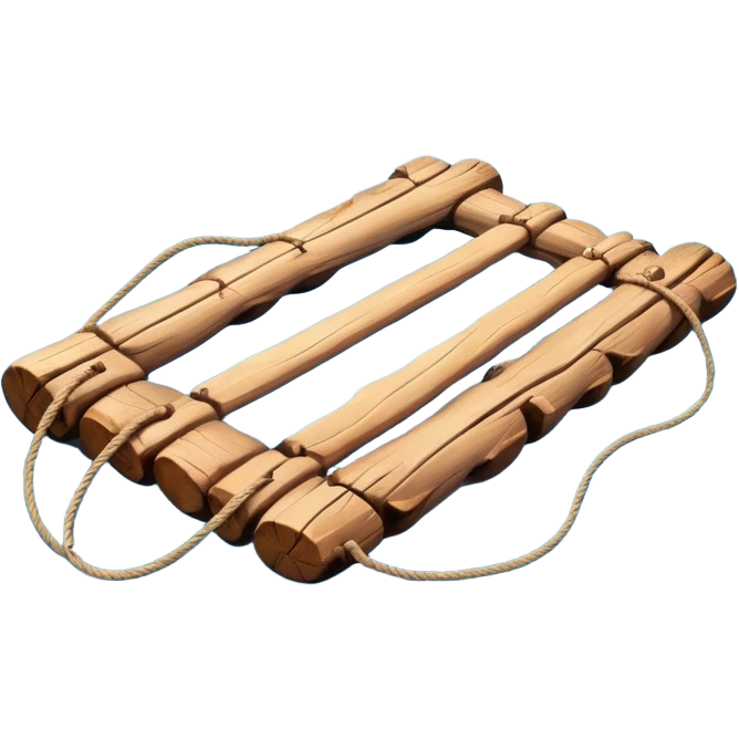 showing a simple wooden raft floating on calm blue water — made of several brown logs tied together with rope — gentle ripples around it — bright, cheerful lighting and soft shadows — minimalist, clean emoji design emoji
