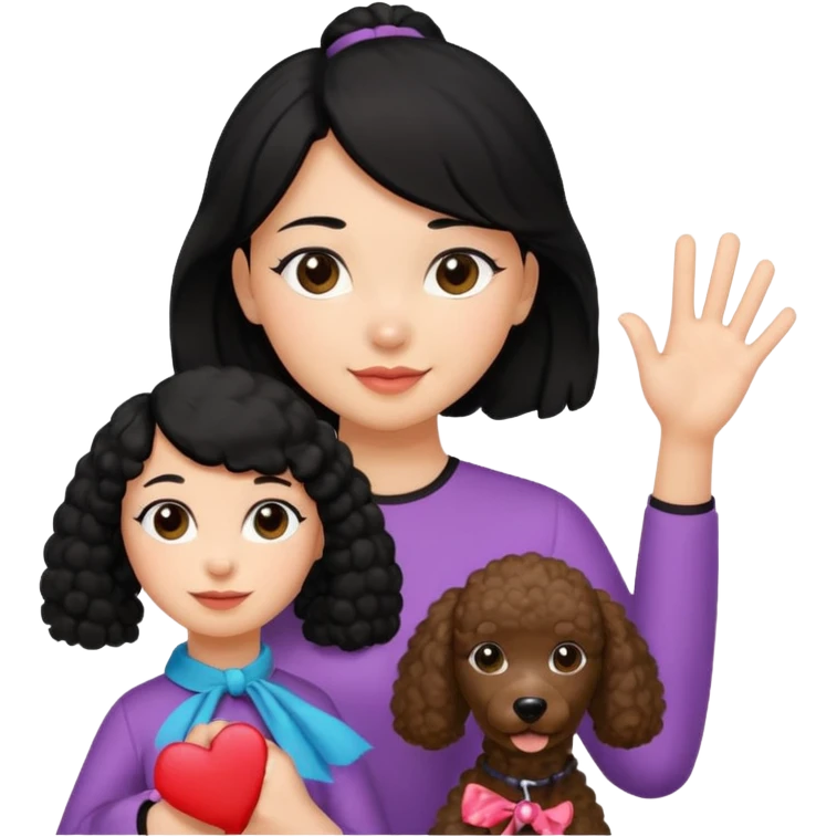 Ponytail black hair girl with brown Poodle say goodbye  emoji
