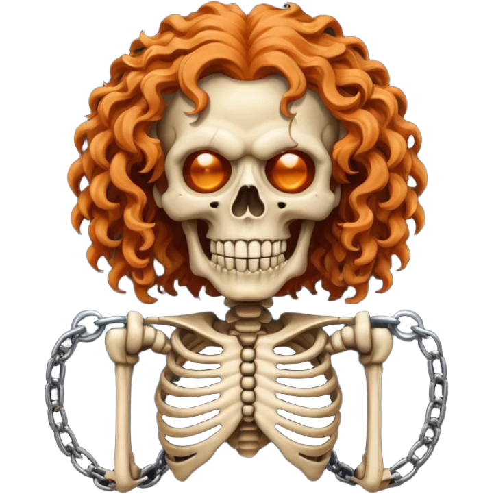 cinematic  steam-punk Megadeth iconic skeleton mascot with a rusty chain in his teeth, huge curly orange hair emoji