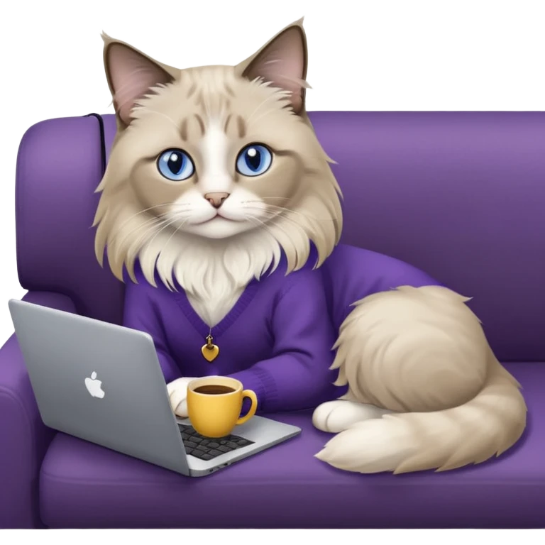 a cute blue eyed brown and white ragdoll cat with white paws and brown and beige tail wearing the dark violet sweater with yellow letteting "Milena" sitting on the grey sofa with grey laptop Lenovo and drinking coffee emoji