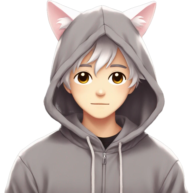 Gorgeous anime style shojo guy with cat ears and blushing face and hoodie aesthetic trending style outside emoji