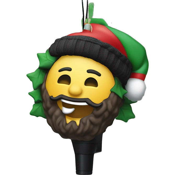 The Post Malone tree ornament captures the warm spirit of Christmas. Inside, Post Malone, dressed in black jeans, black shoes, his signature face tattoo, and a Santa hat, leans in, singing into a microphone with a stand.  emoji