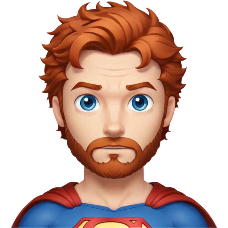 flying superman，3/4 body, blue eyes, Irish redish messy hair, trimmed facial hair emoji