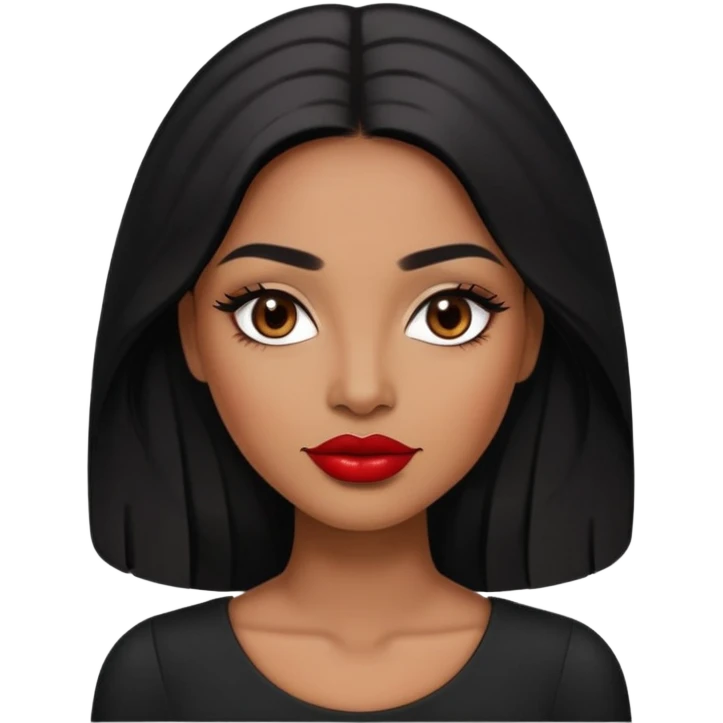 Woman with rich brown skin tone, oval face, elegant features, dark brown eyes, arched eyebrows, red lipstick, long black hair, wearing a black top emoji
