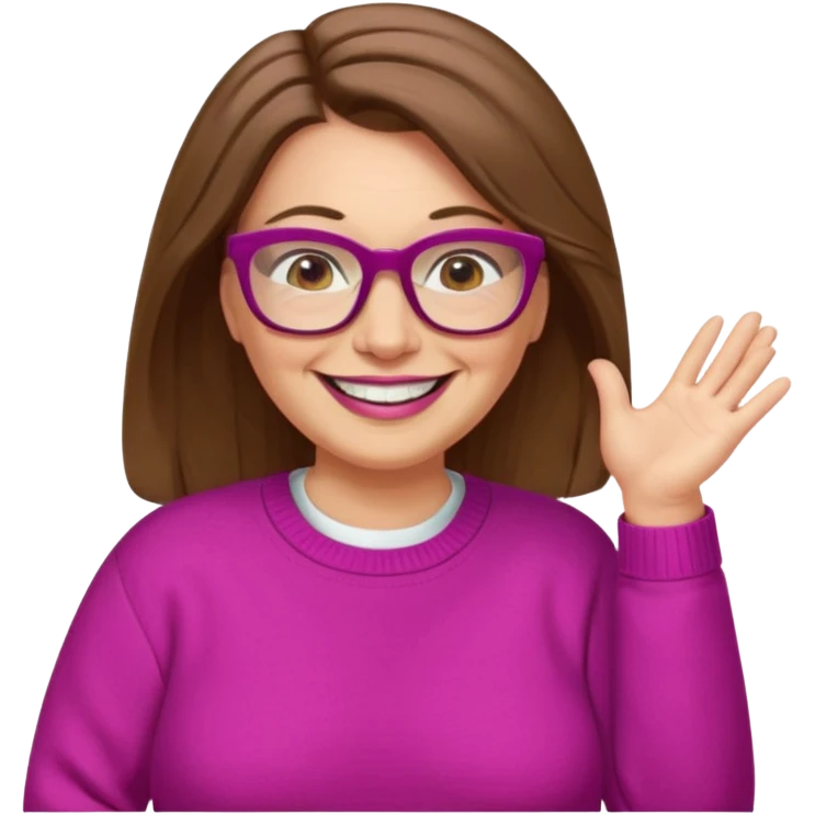 50 yr Caucasian woman, long brown hair parted on side, brown eyes, glasses, big smile, white teeth, fuscia sweater, chubby emoji