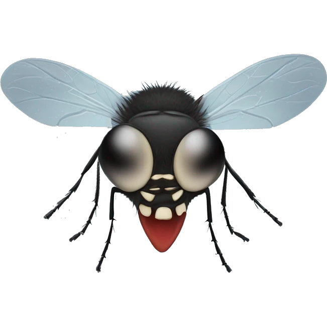 A midge (very tiny fly from scotland) looking like a vampire (with two protruding teeth), view from face/profile, looking like aggresive, looking cute emoji