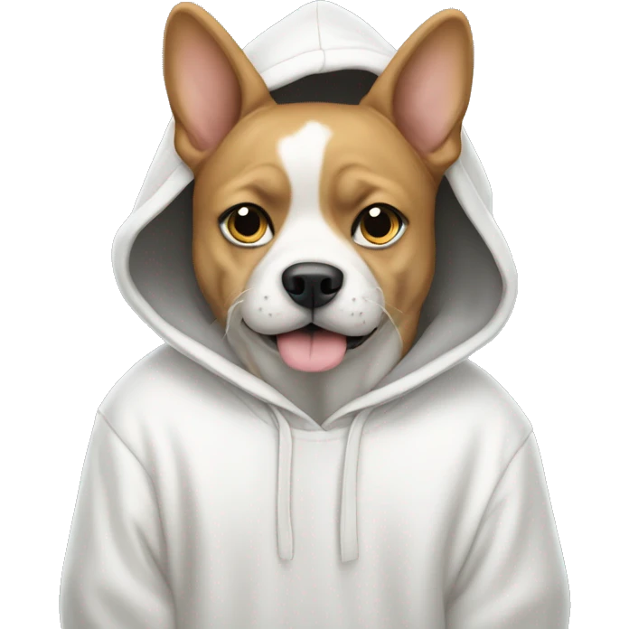 A dog with a white big hoodie that has a little kitty in it . emoji