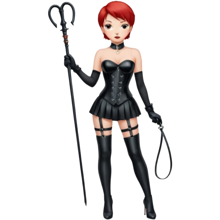 mistress, dominant girl, short red hair, serious look, shiny black leather corset, latex miniskirt, whip in hand, long black gloves, black hold-ups, high heels emoji