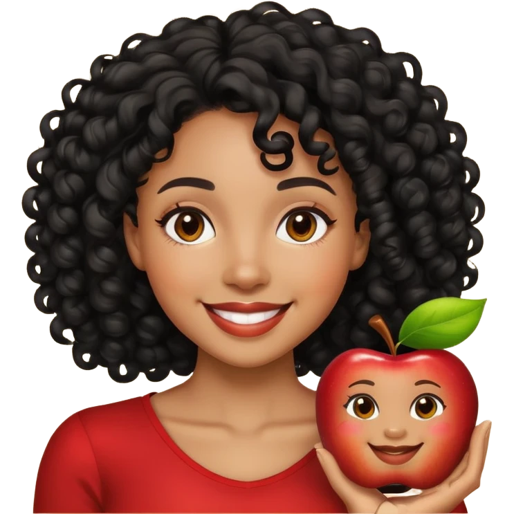 Memoji-style emoji of a light-skinned Black woman with black curly hair, smiling, neutral background, Apple emoji style emoji