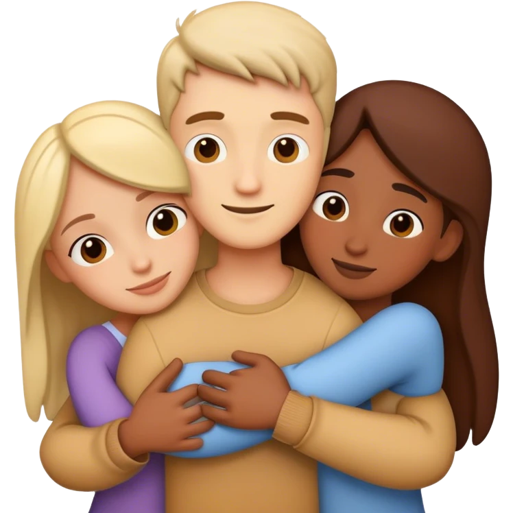 Three people hugging and make all cartoony emoji