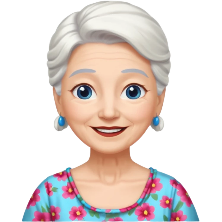 abuela con ojos azules, pelo blanco, pelo blanco y amarrado, aspecto feliz emoji