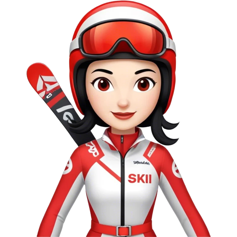 Ski racer woman downhill squad red white dress with the name Stephanie on the dress and the name HEAD on the skis black hair smile emoji
