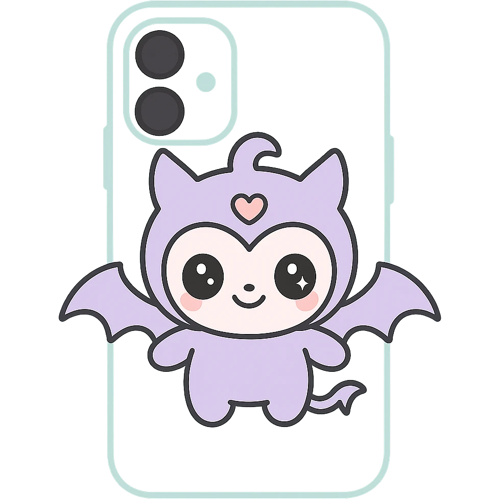 Remove any purse or purse-matching elements. Focus only on a white and black gothic kawaii phone case with big eyes, smiling, playful, cartoonish style, and gothic symbols. No purse references. No background. emoji