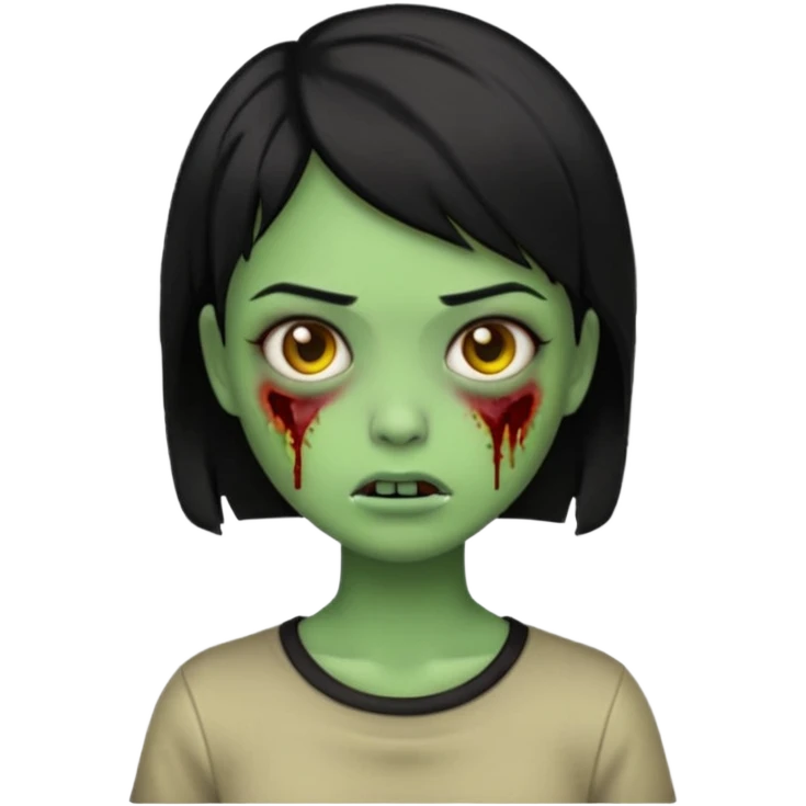 Emoji zombie girl verde com cabelo preto curto com uma expressão normal emoji