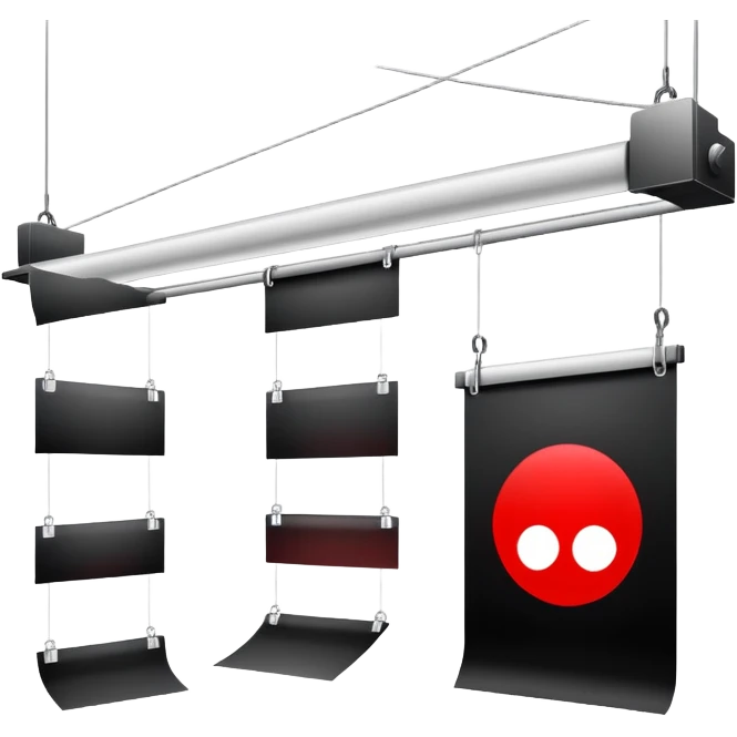 Darkroom with red safelight and hanging film negatives drying emoji