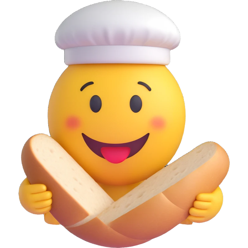 3D smiley emoji, round shape, baker: white hat, holding bread, funny face emoji