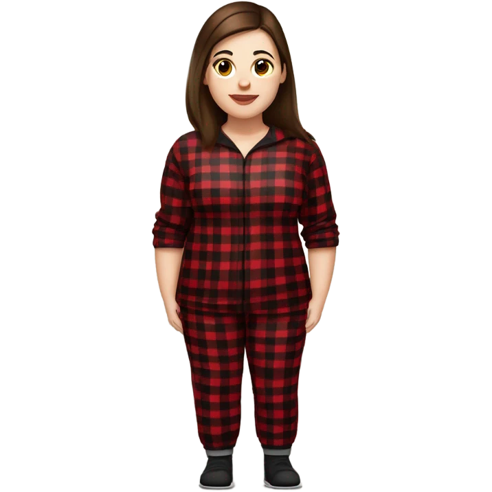 Plus size woman with straight brown hair and brown eyes wearing red and black buffalo plaid pjs. White skin. emoji