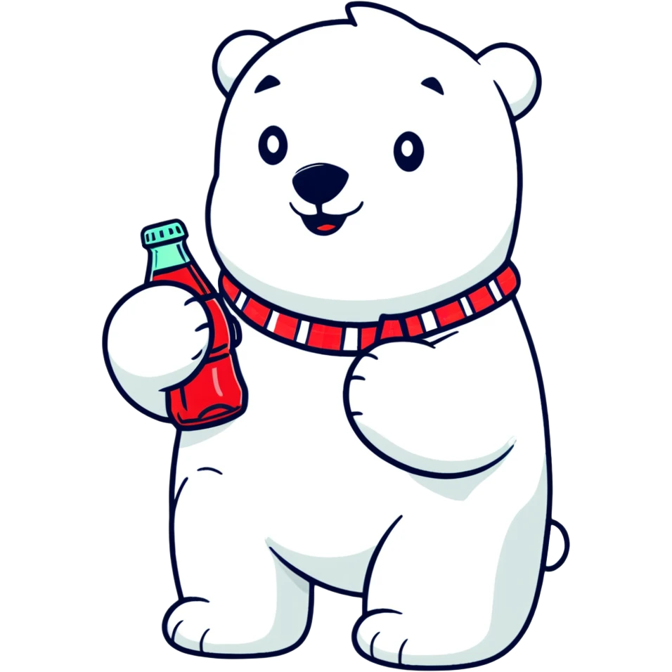 polar bear in a colorful Hawaiian shirt with Coke bottle pattern, sipping Coca-Cola emoji