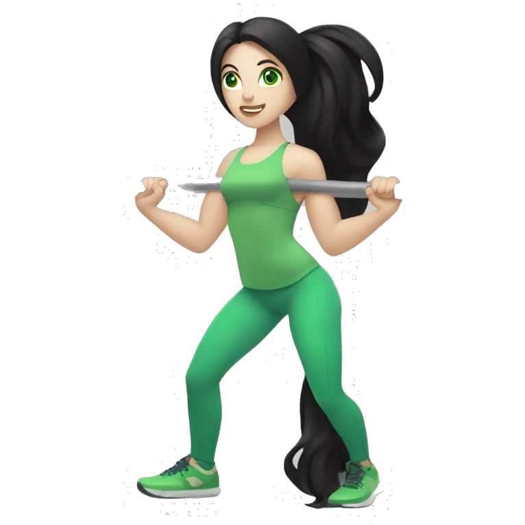 Pale girl with long black hair and green eyes lifting weights emoji