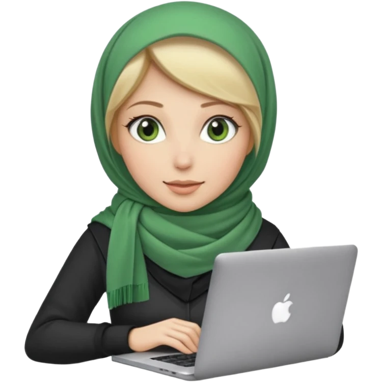 blond women skine , with green eyes , with scarf hijab ,dont show hir hair, with macbook emoji