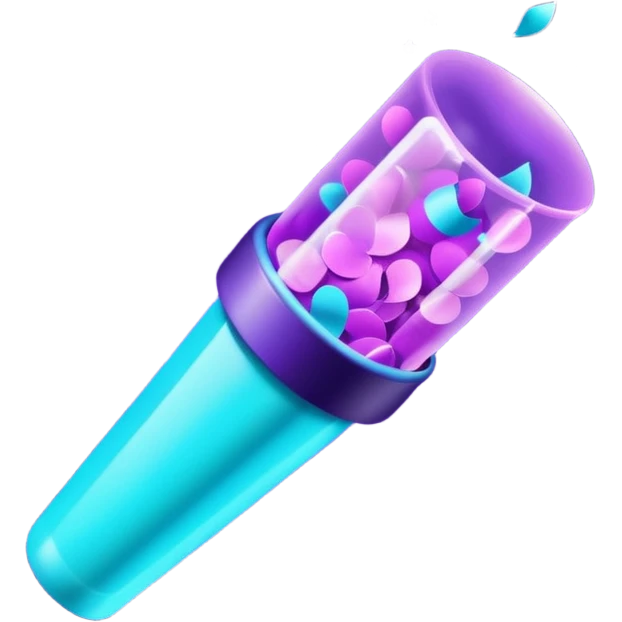 glowing confetti popper emoji, purple and cyan colors, emitting confetti and sparkles, vibrant celebration atmosphere emoji