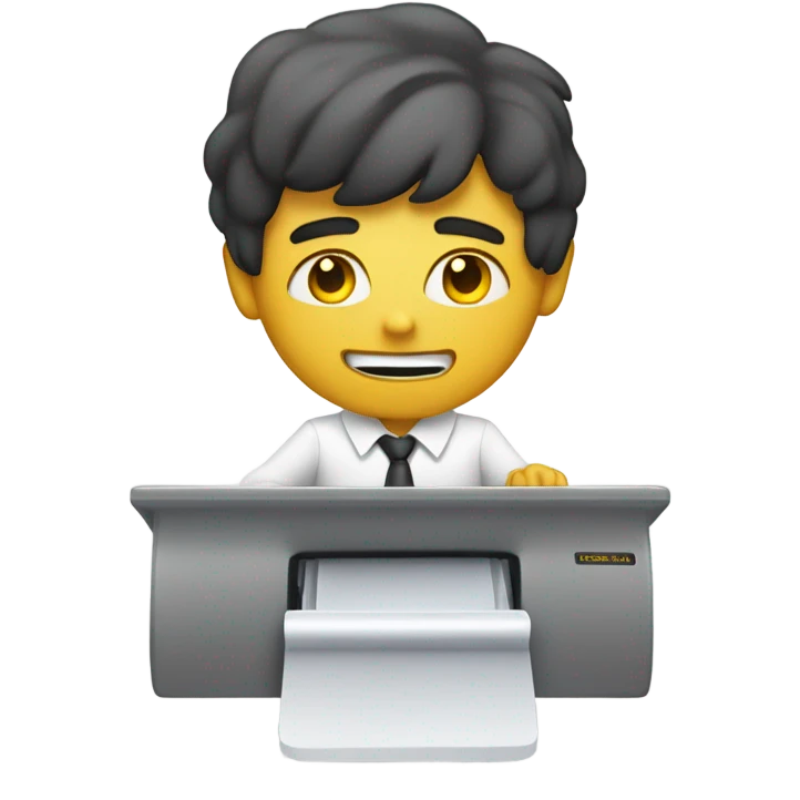 yellow skin man typing on white keyboard on desk wearing white button down shirt front view emoji