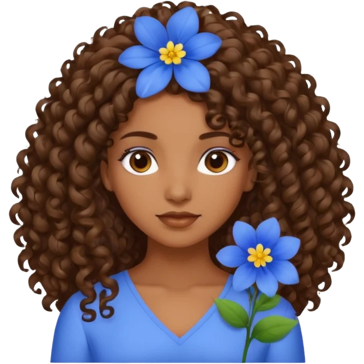 Qro uma moça morena de cabelo cacheado com uma flor azul no cabelo com o cabelo baixo emoji