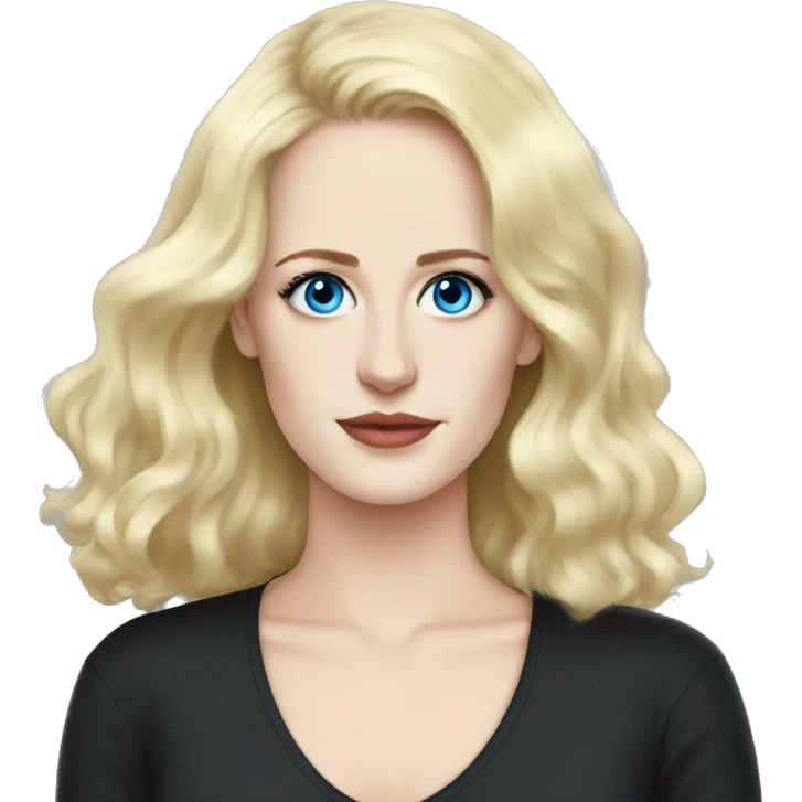 Eva Green with blonde hair, blue eyes, freckles, black shirt emoji