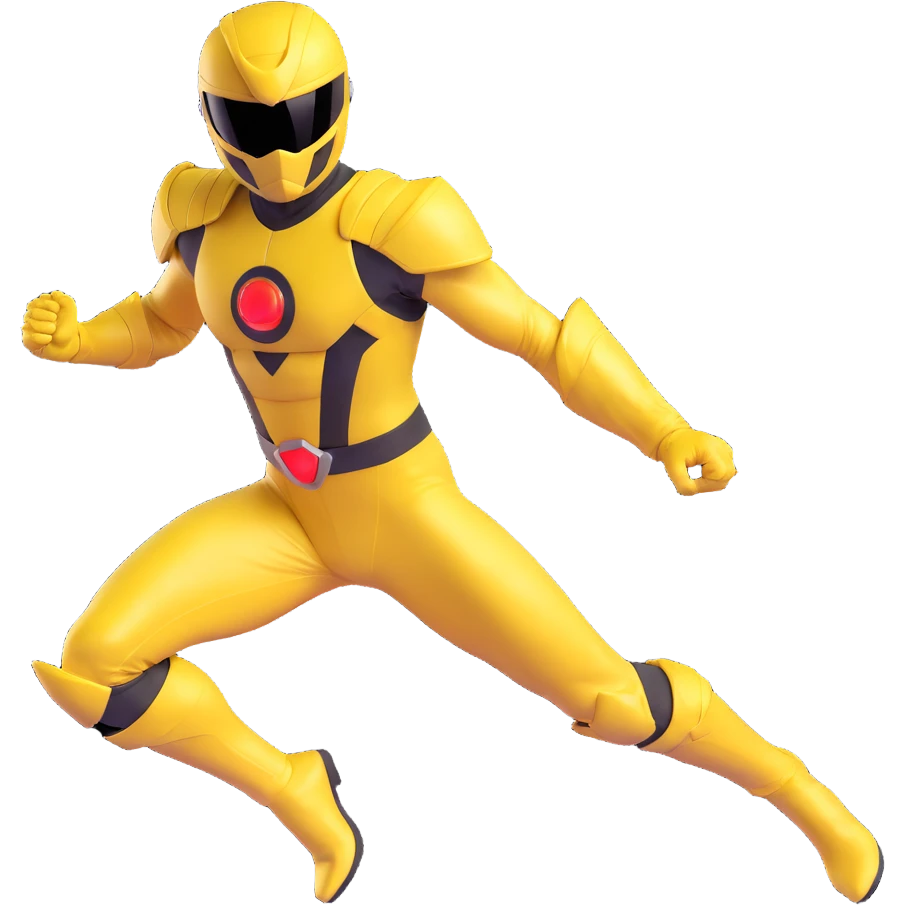 yellow power ranger in dynamic pose, helmet and suit, no text emoji