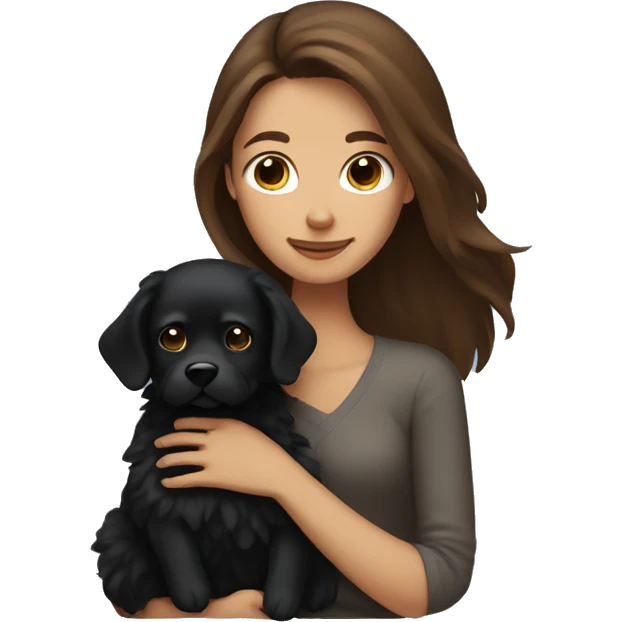 Long brown haired woman holding fluffy black dog emoji