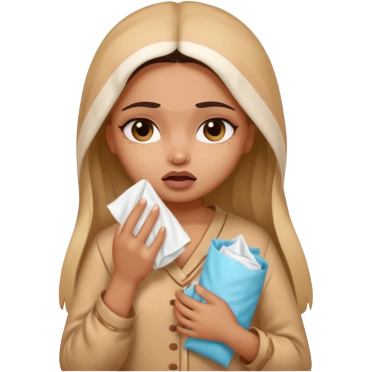 a pretty bratz fair indian girl wearing a brown pajamas, dark circles, crying, holding tissues emoji