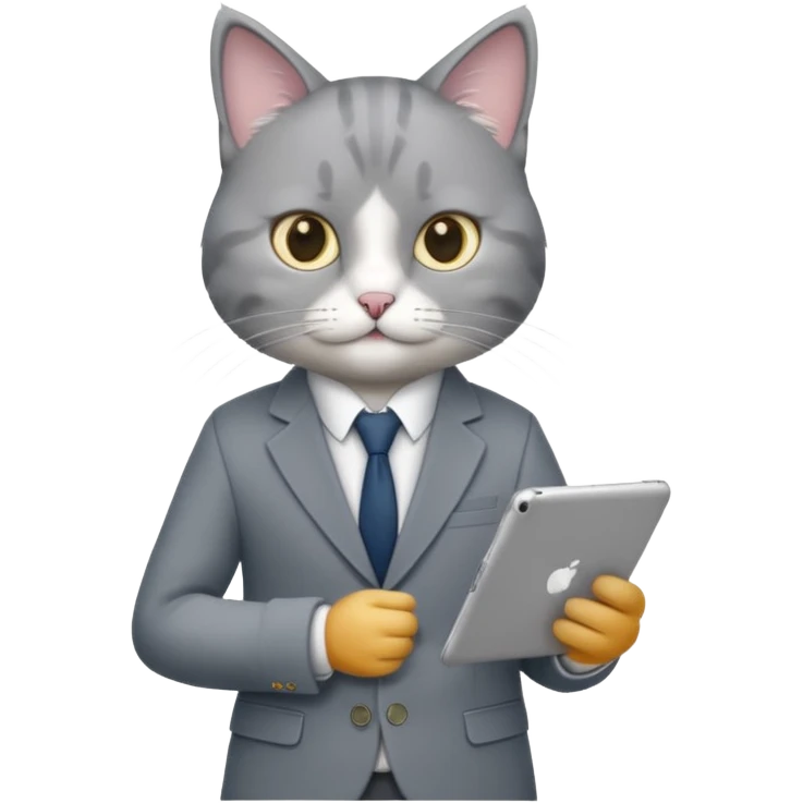 teacher cat tech smart appearance gray cat in blazer with ipad  emoji