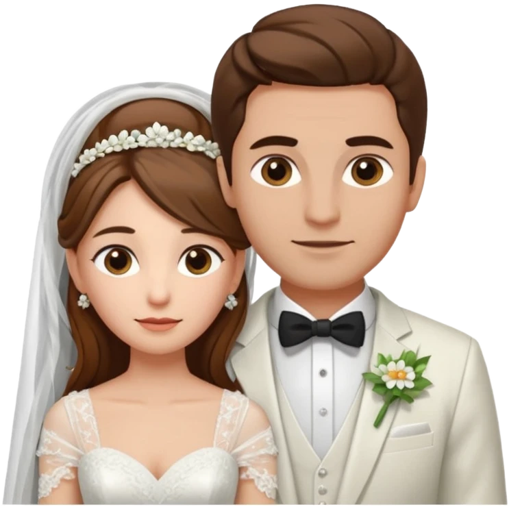 A woman with long brown hair and fair skin, wearing her hair , dressed in a wedding gown with a veil. And a man with short brown hair and fair skin (without a mustache), wearing a white suit with a flower.
 emoji