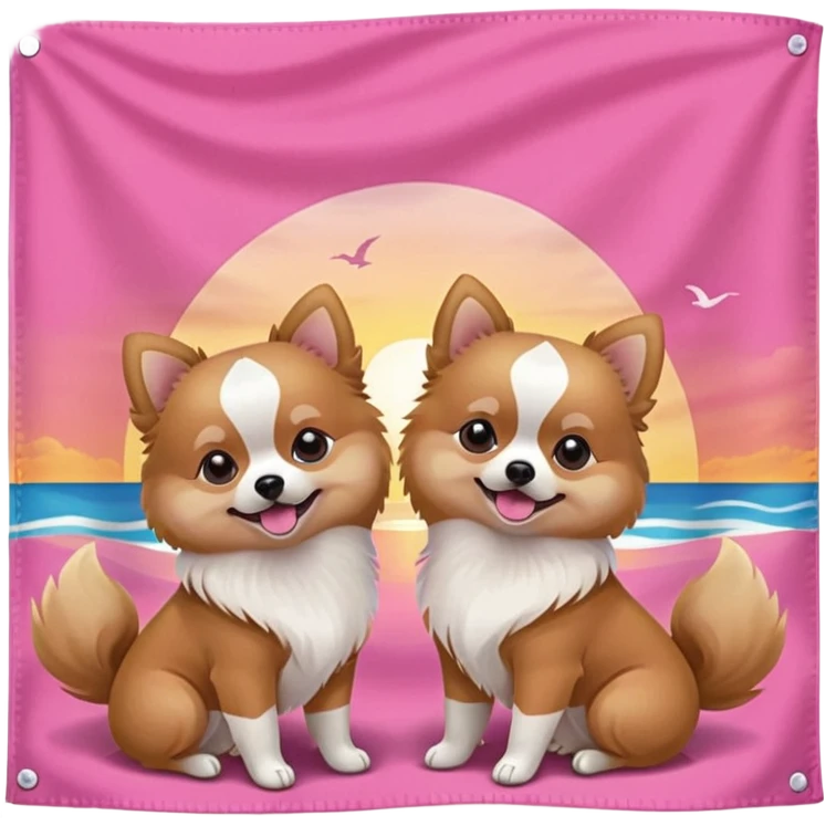 pink summer sunset celebration flag with two brunette sisters a pomeranian and aesthetic  emoji