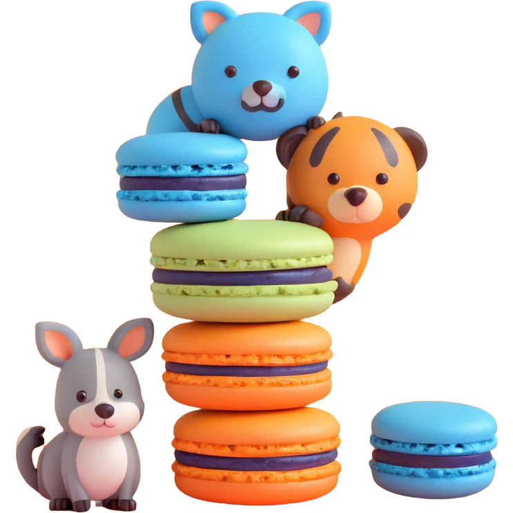 A blue macaron with a blueberry on top, two animals peeking out, light blue background with white stars, detailed texture emoji