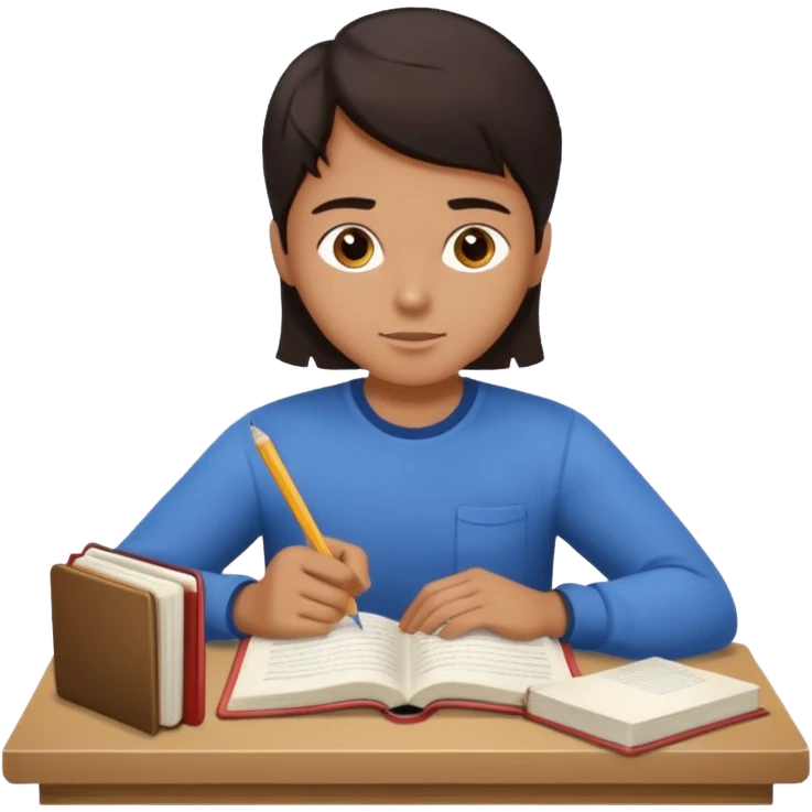 A student with dark hair is reading a book and taking notes in a notebook. There are also papers and textbooks on the table. emoji