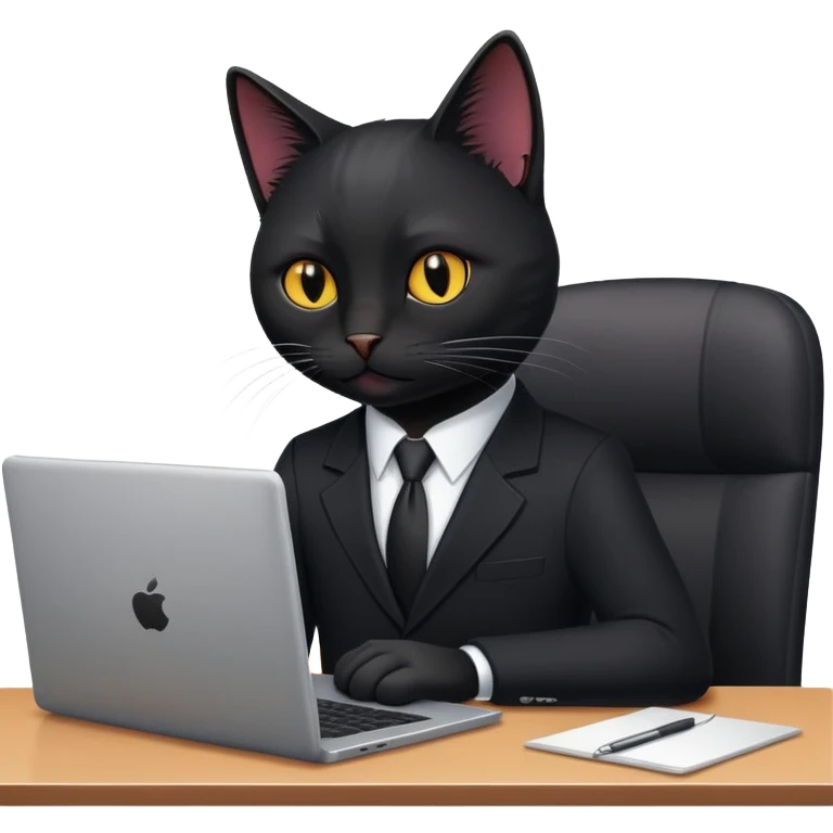 Black cat in a black business suit in an office with laptop emoji