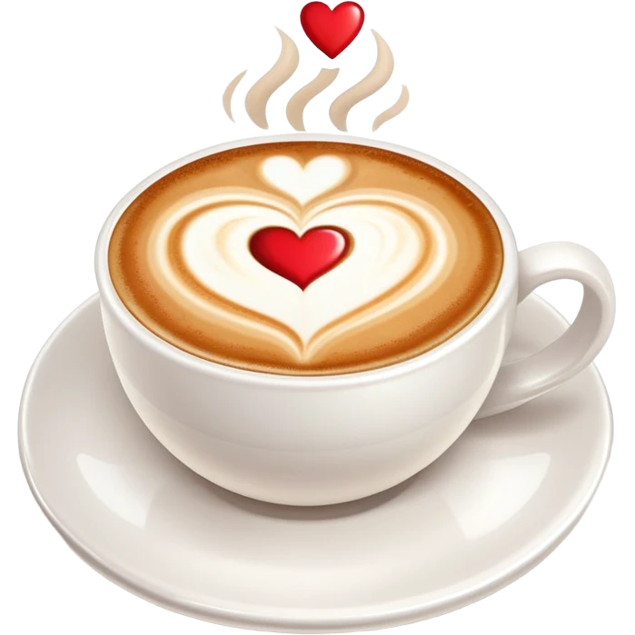 cappuccino coffee in white cup with heart latte art and foam emoji