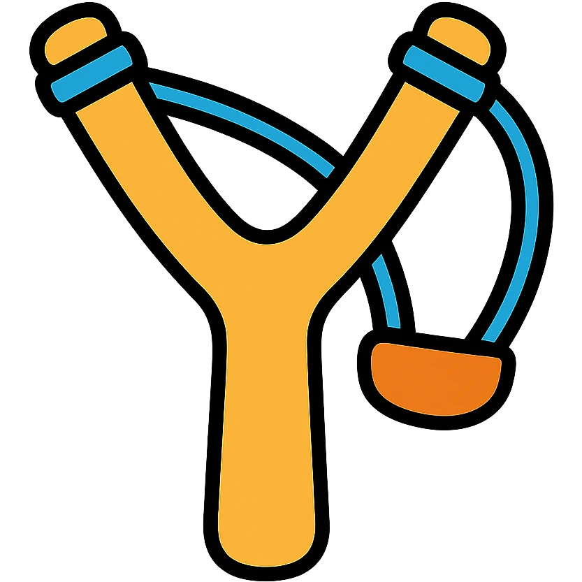 A wooden Y-shaped slingshot with rubber band emoji